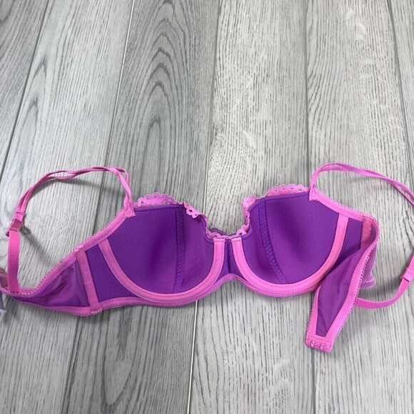 b.tempt'd Size 32C Purple Pink Floral Lace Ciao Bella Balconette Underwire Bra - Picture 3 of 6